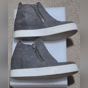 Steve Madden Women's Wedgie Double Zip Wedge Sneakers in gray suede. 